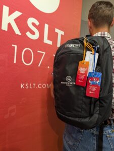Image of KSLT Faith Tags on a backpack